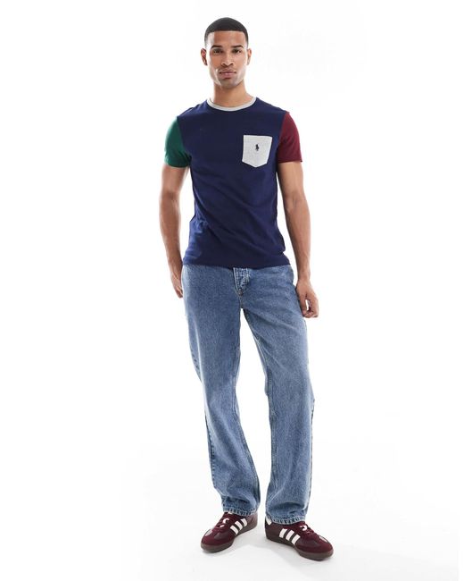 Polo Ralph Lauren Blue Icon Logo Pocket Colourblock T-shirt Custom Fit for men