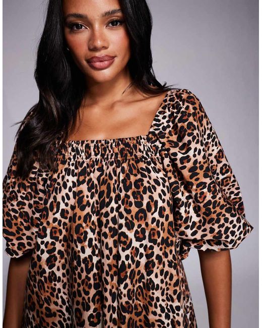 Vestito Corto Leopardato Con Maniche A Sbuffo di River Island in Brown