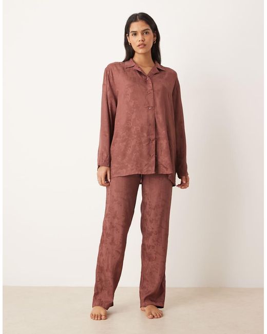 Mango Red Satin Jacquard Pyjama Shirt Co-ord