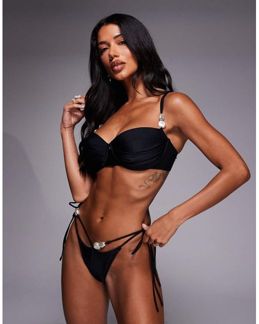 ASOS Black Fuller Bust Sadie Pleat Bust Underwired Balcony Bikini Top With Pearl Detail