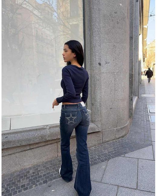 Stradivarius Blue Embroidered Pocket Bell Bottom Jeans