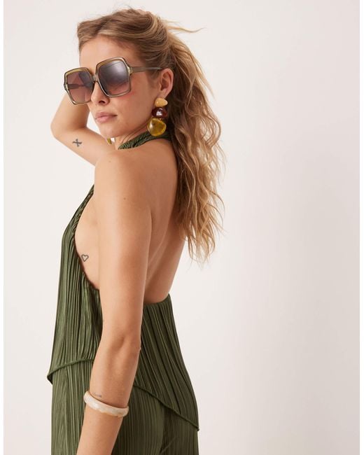 ASOS Green Plisse Halter Neck Wide Leg Jumpsuit