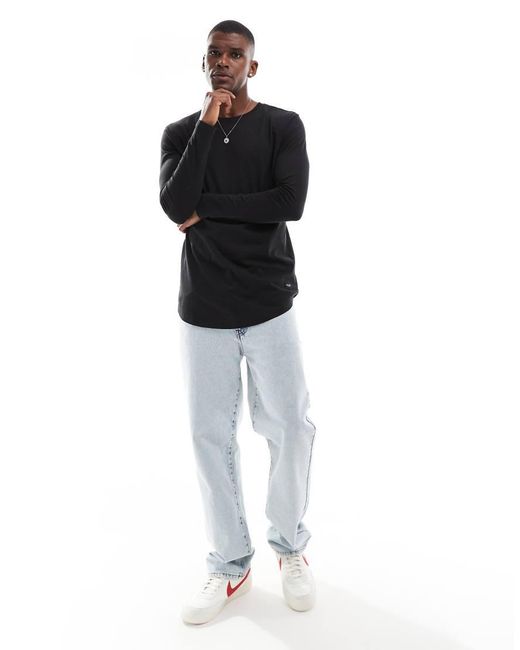 Jack & Jones Black Essentials Longline Long Sleeve T-shirt With Curve Hem for men