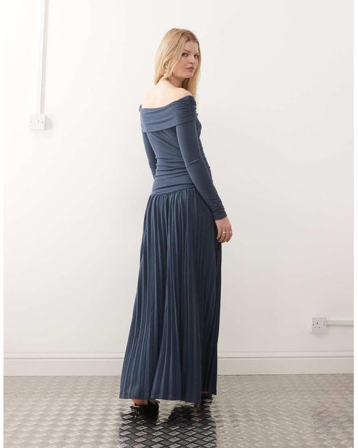 Lioness Blue Field Of Dreams Long Sleeve Foldover Bardot Ruched Drop Waist Pleated Maxi Dress