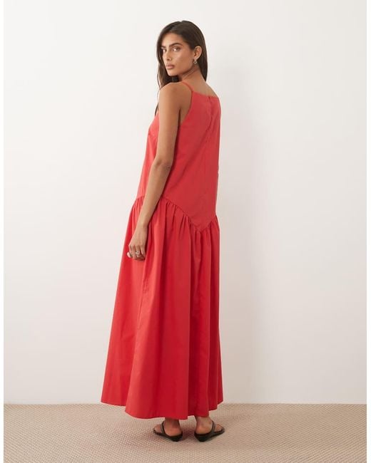 ASOS Red Poplin Slash Neck Dropped Waist Maxi Dress