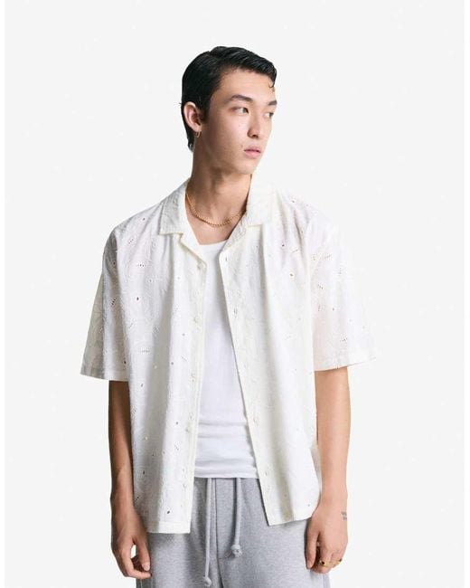 Bershka Overhemd Met Korte Mouwen En Geborduurde Bloemetjes in het White voor heren