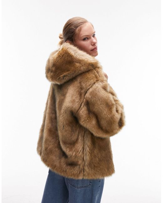 TOPSHOP Brown Hooded Faux Fur Coat