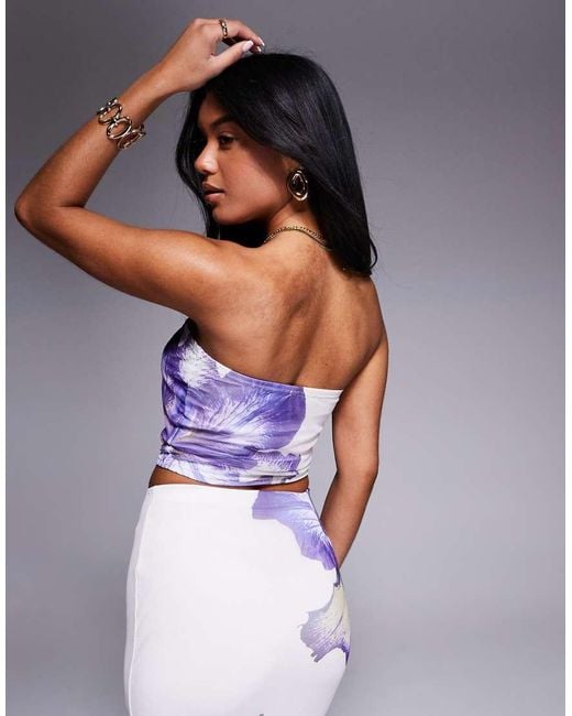 Kaiia Purple Exclusive Double Layered Slinky Mesh Floral Bandeau Crop Top Co-ord
