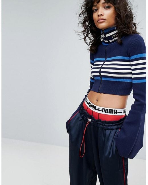 PUMA X Fenty Cropped Turtleneck Zip Sweater in Blue | Lyst