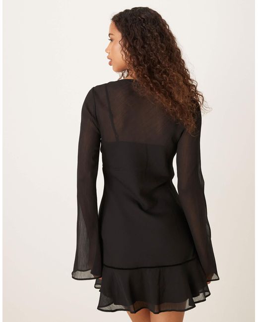 ASOS Black Ruched Bust Scoop Long Sleeve Mini Dress