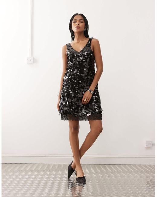 Noisy May V Neck Disc Sequin Sleeveless Mini Dress With Lace Hem in Natural  | Lyst