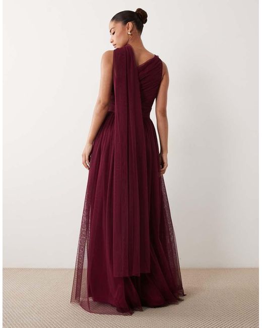LACE & BEADS Red Bridesmaid One Shoulder Scarf Neck Maxi Dress
