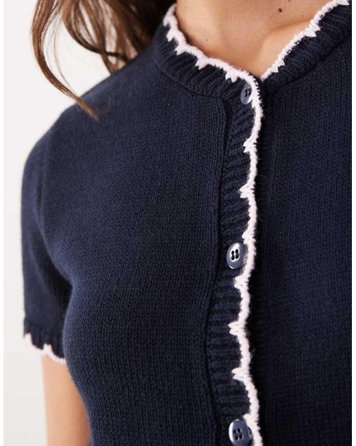 Miss Selfridge Blue Short Sleeve Blanket Stitch Cardigan