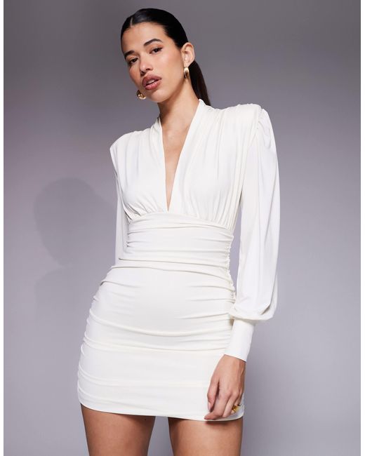 Ruched & Ready Gray Focus On Me Removable Shoulder Pad Detail Sculpting Plunge Neck Balloon Sleeve Mini Dress