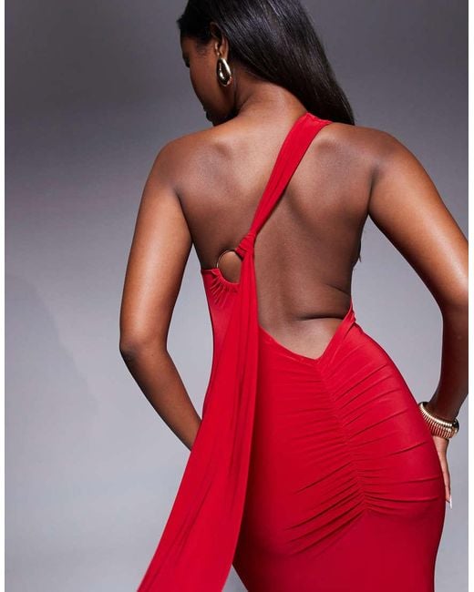 Kaiia Red Exclusive Double Laye Slinky One Shoulder Knot Gold Hardware Back Detail Maxi Dress