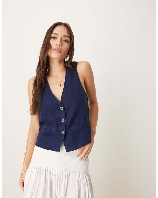 Mango Blue Soft Denim Waistcoat With Front Pockets