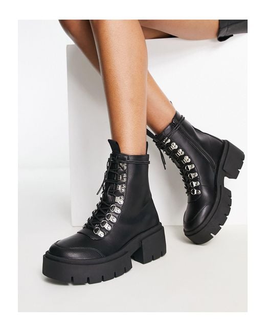 Truffle Collection Hiker Lace Up Chunky Boots in Black | Lyst