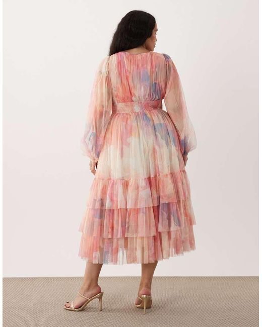 Lace & Beads Plus Pink Tulle Balloon Sleeve Ruffle Tiered Midaxi Dress