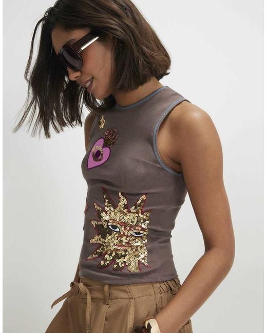 River Island Brown Cotton Blend Embellished Sun Tank Top