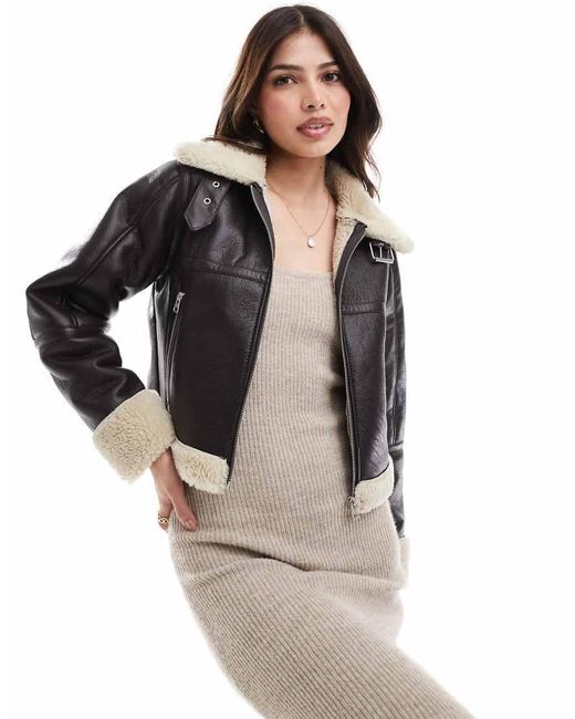 Pull&Bear Black Faux Shearling Trim Aviator Jacket