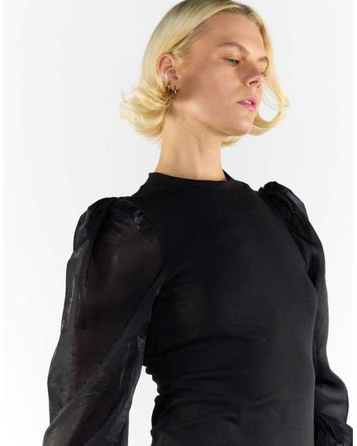 NARRATED Black High Neck Puff Sleeve Mini Dress