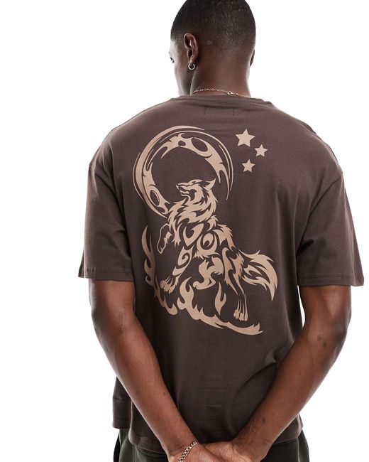 T-shirt oversize con stampa di lupo sul retro di ADPT in Brown da Uomo