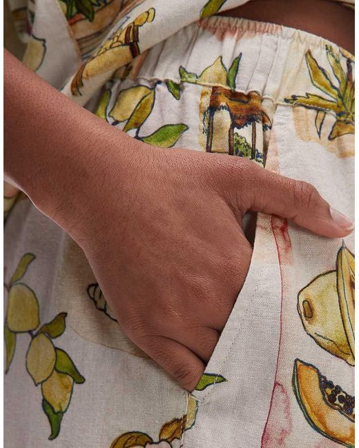 TOPSHOP Shorts Van Linnenmix Met Hoge Taille, Trekkoord En Print in het Natural