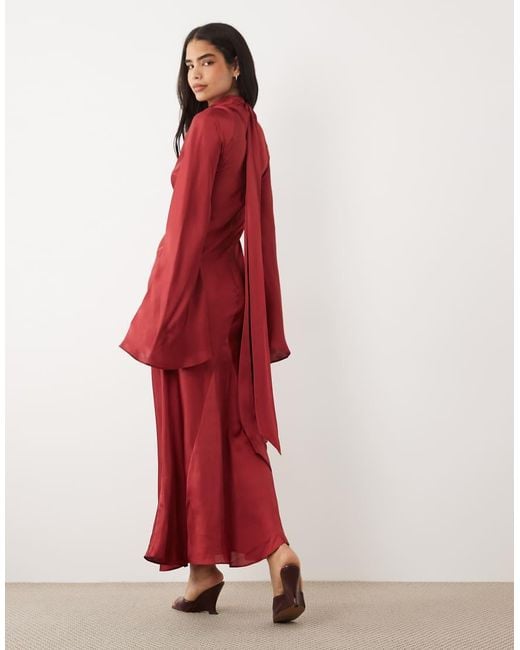 ASOS Red Satin Maxi Dress With Split Sleeve And Scarf Detail