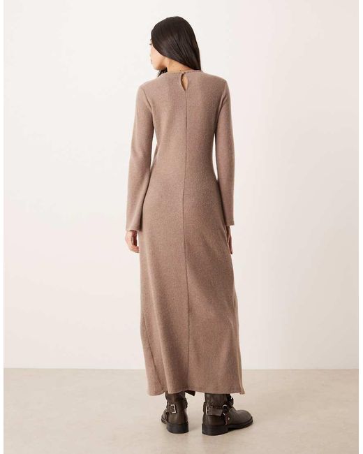 ASOS Natural Cosy Rib Long Sleeve Twist Detail Midi