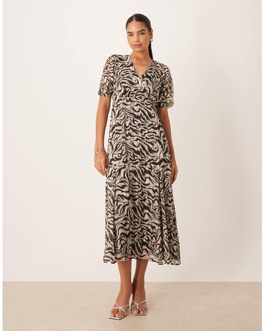 Lovedrobe Natural Animal Print Faux Wrap Puff Sleeve Midaxi Dress