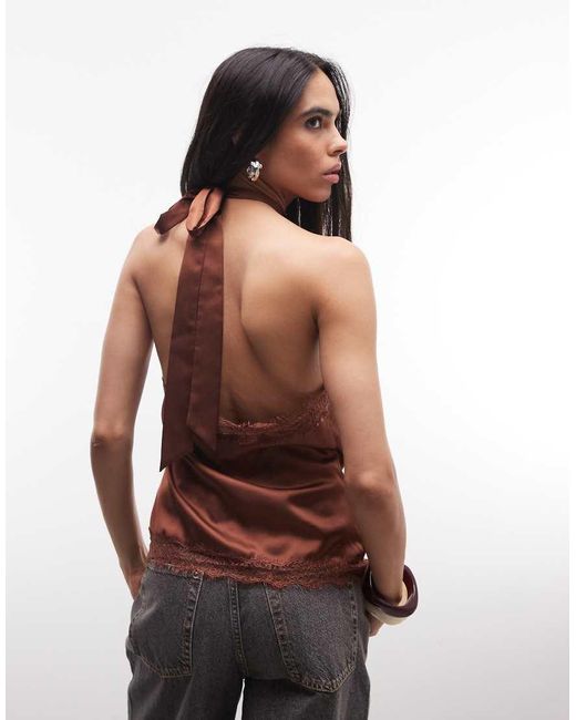 Reclaimed Vintage Brown Halter Scarf Top With Lace