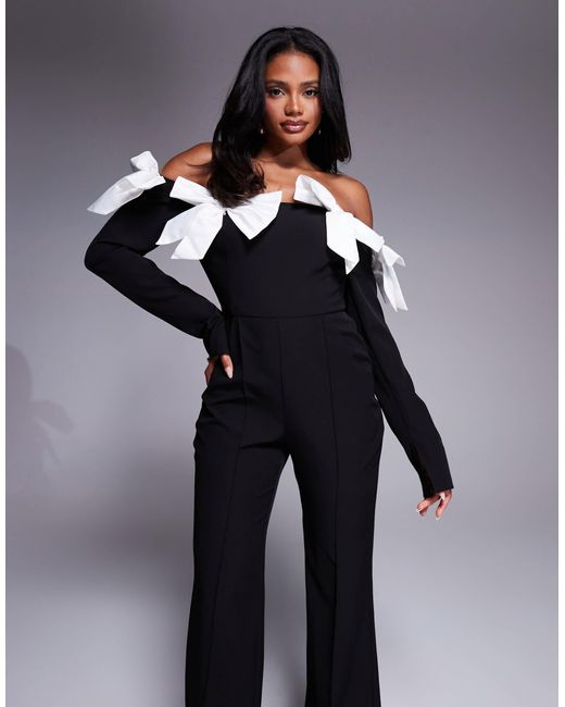 ASOS Blue Satin Bow Off-shoulder Jumpsuit