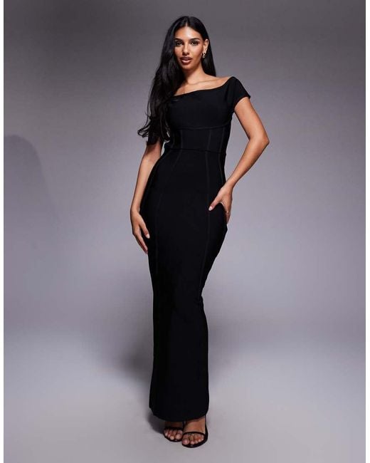 Kaiia Black Exclusive Premium Sculpting Bandage Bodycon Bardot Maxi Dress