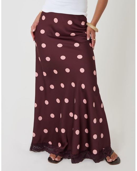 Threadbare Red Petite Polka Dot Satin Lace Trim Maxi Skirt