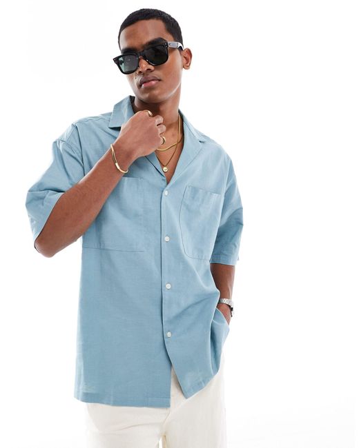 ASOS Blue 90s Oversized Linen Blend Shirt With Deep Revere Collar for men