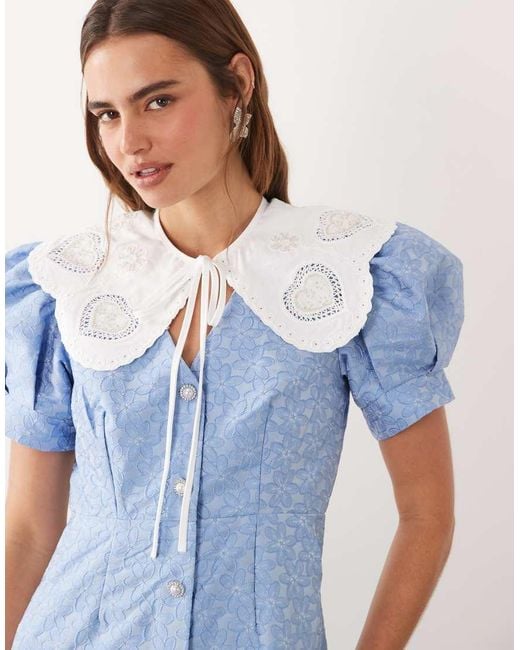 Sister Jane Blue Alice Jacquard Frill Hem Midi Dress With Removable Lace Collar