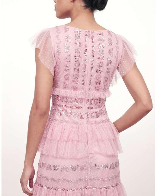 Maya Pink Spot Mesh Embellished Flutter Sleeve Tiered Maxi Dress