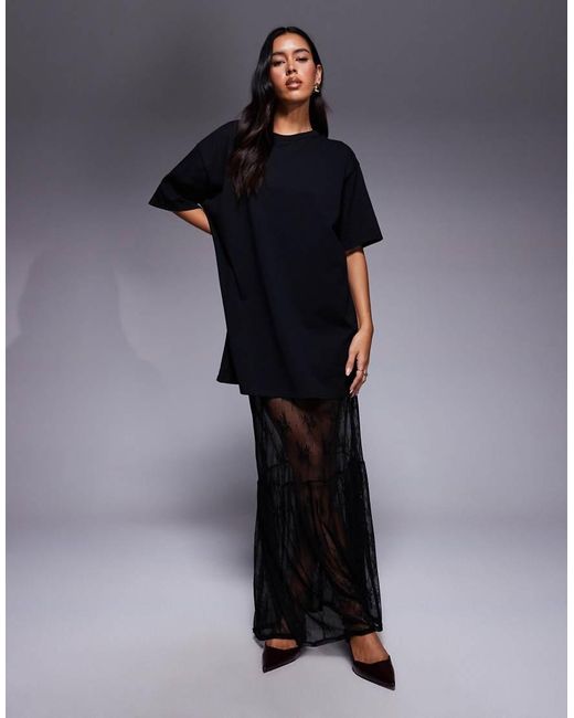 Fashionkilla Blue Exclusive Cotton Lace Tiered Hem Maxi T-shirt Dress