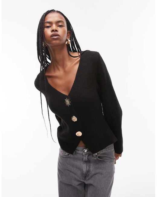 Mango Black Oversized Cardigan With Gold Sun Button Detail