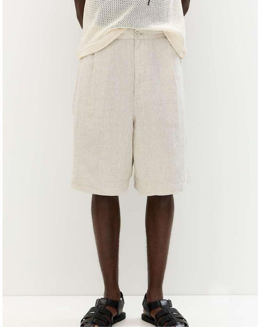 Pull&Bear Natural 100% Linen baggy Bermuda Shorts for men