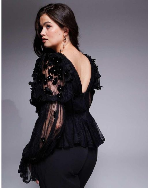 ASOS Black Curve Mesh Floral Bardot Long Sleeved Top With Velvet Flowers And Pearl Embellishment
