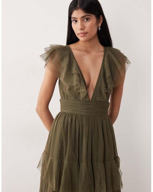 LACE & BEADS Natural Tulle Flutter Sleeve Tiered Frill Maxi Dress