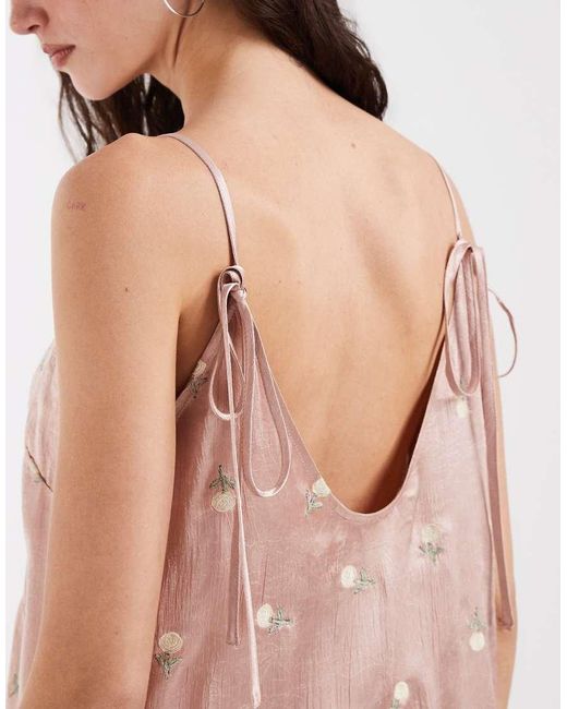 Muse Assembly Pink Boho Crushed Satin Asymmetric Ruffle Mini Dress With Floral Embroidery