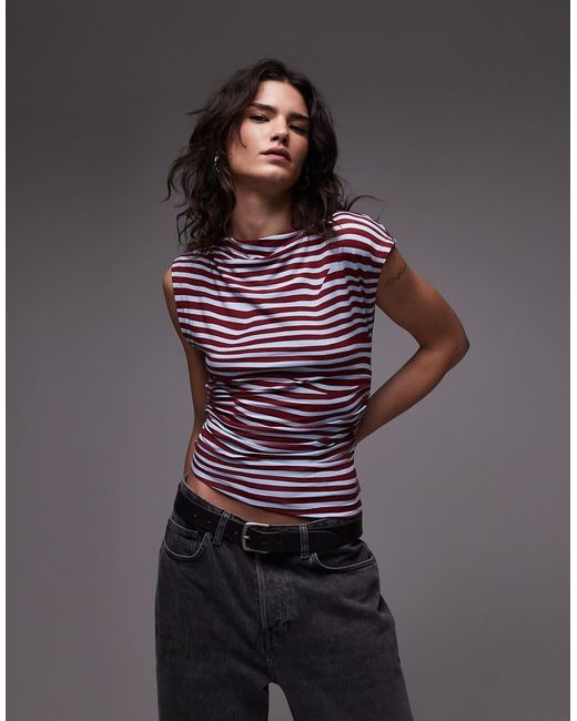 Top Monospalla A Righe Blu E Bordeaux Con Scollo Dritto di TOPSHOP in Purple