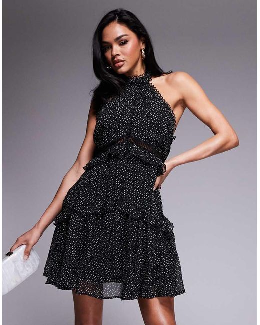 Vestito Corto A Balze Allacciato Al Collo A Pois Micro Con Inserto di ASOS in Blue