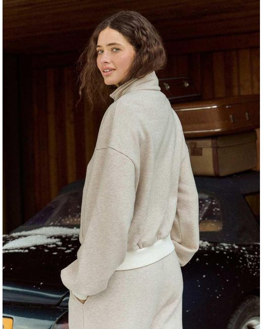 4th & Reckless Natural Cotton Rich Funnel Neck Zip Through Sweatshirt Co-ord