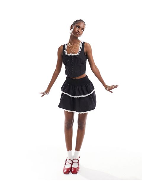Daisy Street Black Shirred Waist Frill Mini Skirt With Lace Trim