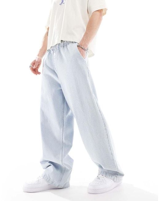 Bershka Blue Tie Waist Striped Baggy Jean for men