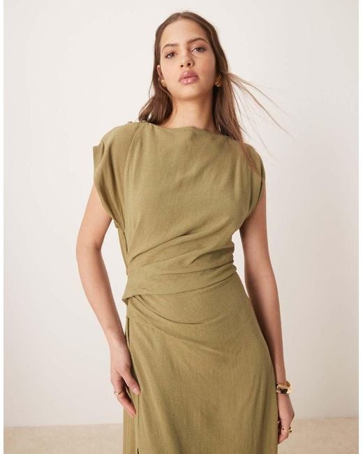 ASOS Green Linen Open Back Draped Waist Midi Dress