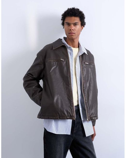 Topman Brown Faux Leather Jacket for men